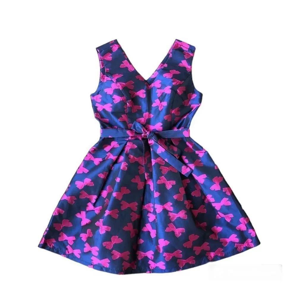 Women’s Doll Style Fit & Flare Blue Pink Bows Sleeveless‎ Mini Dress Small